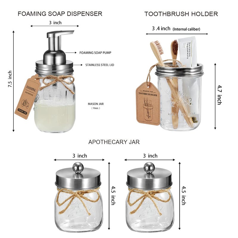 SheeChung 6Pack Mason Jar Bathroom Accessories Set - Foaming Soap Dispenser, Toothbrush Holder, 2Pack Qtip Holders, Bathroom Sink Set, Guest Towel Holder- Brushed Nickel - Image 5